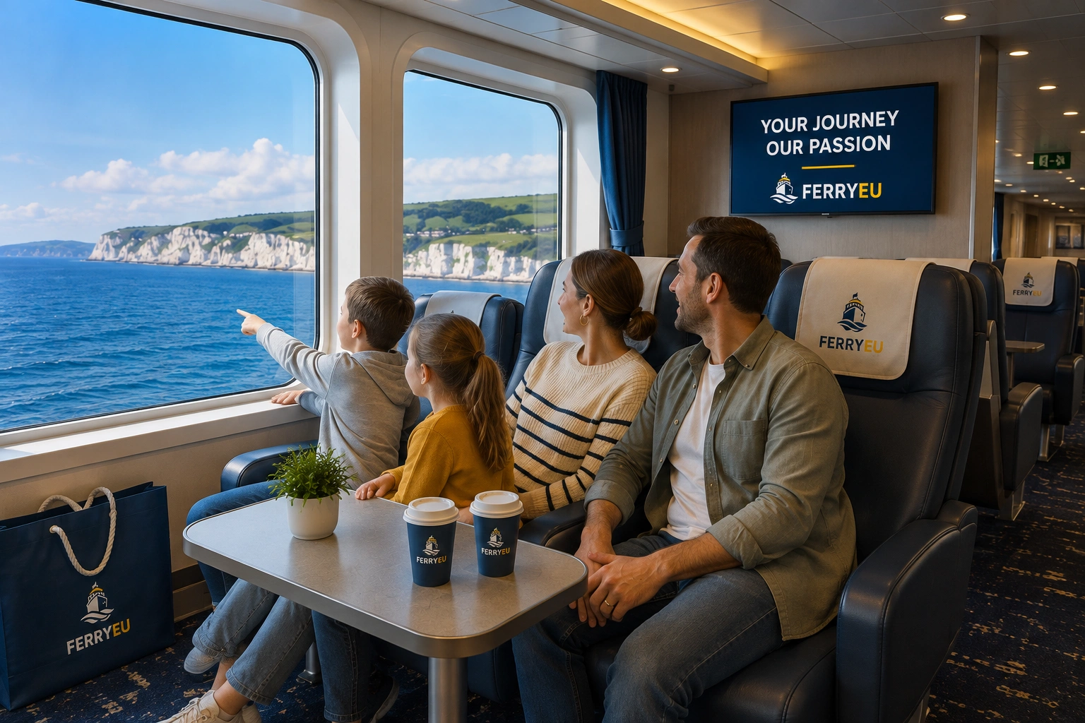 Familj som kopplar av tillsammans under en europeisk färjeöverfart